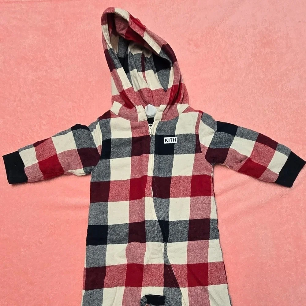 Kith Kids Plaid Hooded Onepiece Romper Jumpsuit Red Cream Blue Size 3-6 Months